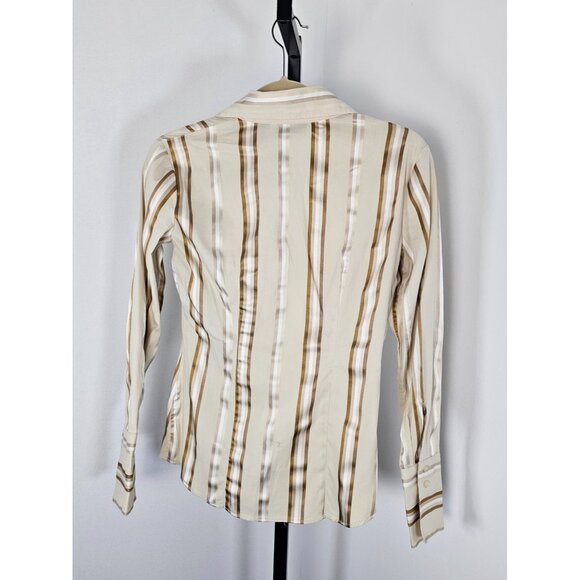 Women’s New York & Company Stretch Beige and Brown Striped Button Down Top SZ XS - Picture 3 of 10